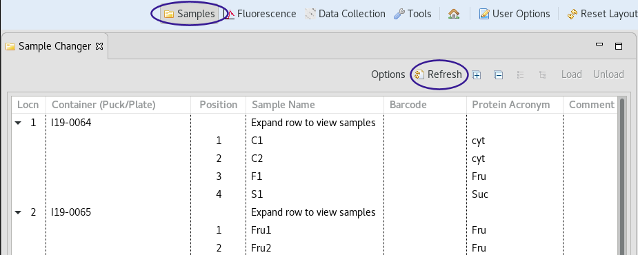 Samples in sample changer tab